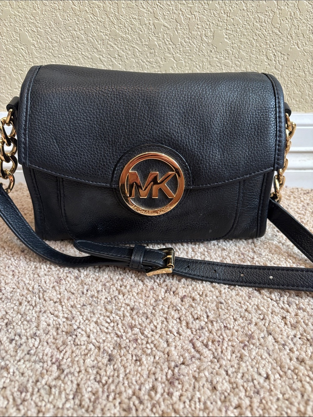 Michael Kors Black Leather Crossbody with Gold MK Emblem
